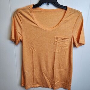 Womens Shirt Small Orange Round Neck Short Sleeve Tunic Pocket Summer Casual Top
